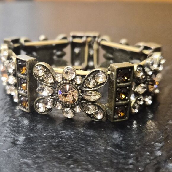 VTG Brass Stretch Bracelet with Clear/Champagne Rhinestones Floral Design Boho - Picture 2 of 5
